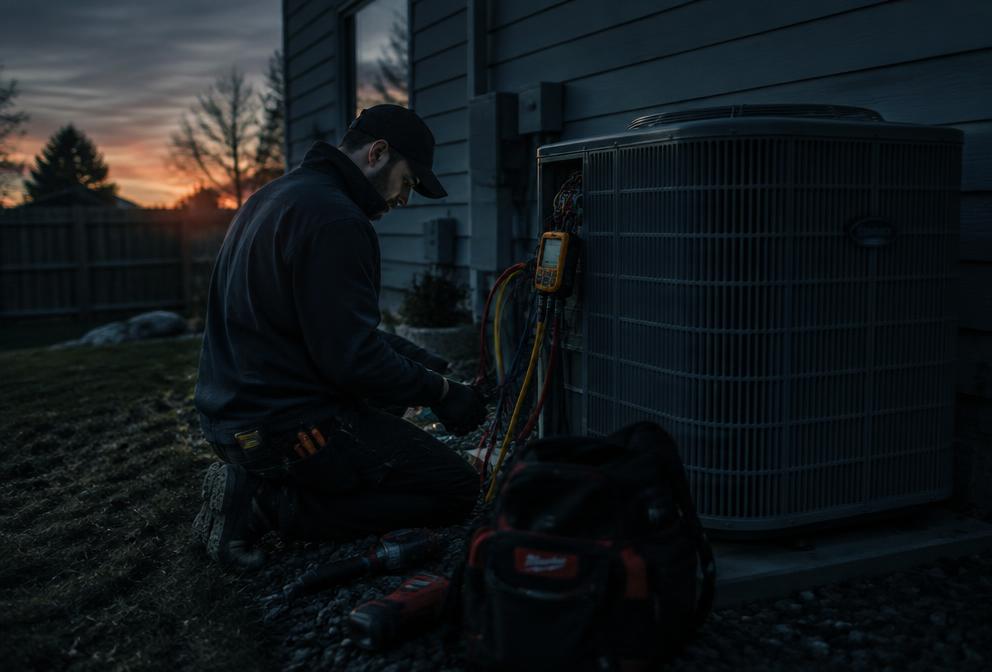 An HVAC technician servicing an outdoor condenser at dusk