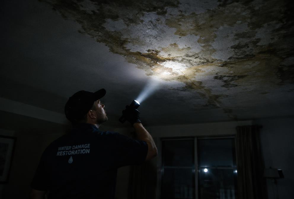 A restoration technician inspecting a water-stained ceiling with a flashlight at night
