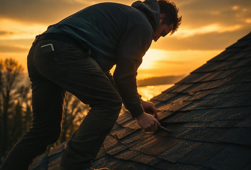 A roofer working on a steep shingle roof at sunset